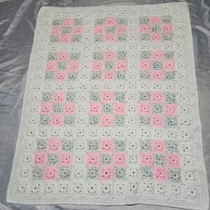 3D Granny Square Afghan. Pink And White. 38in. By 49in. Handmade